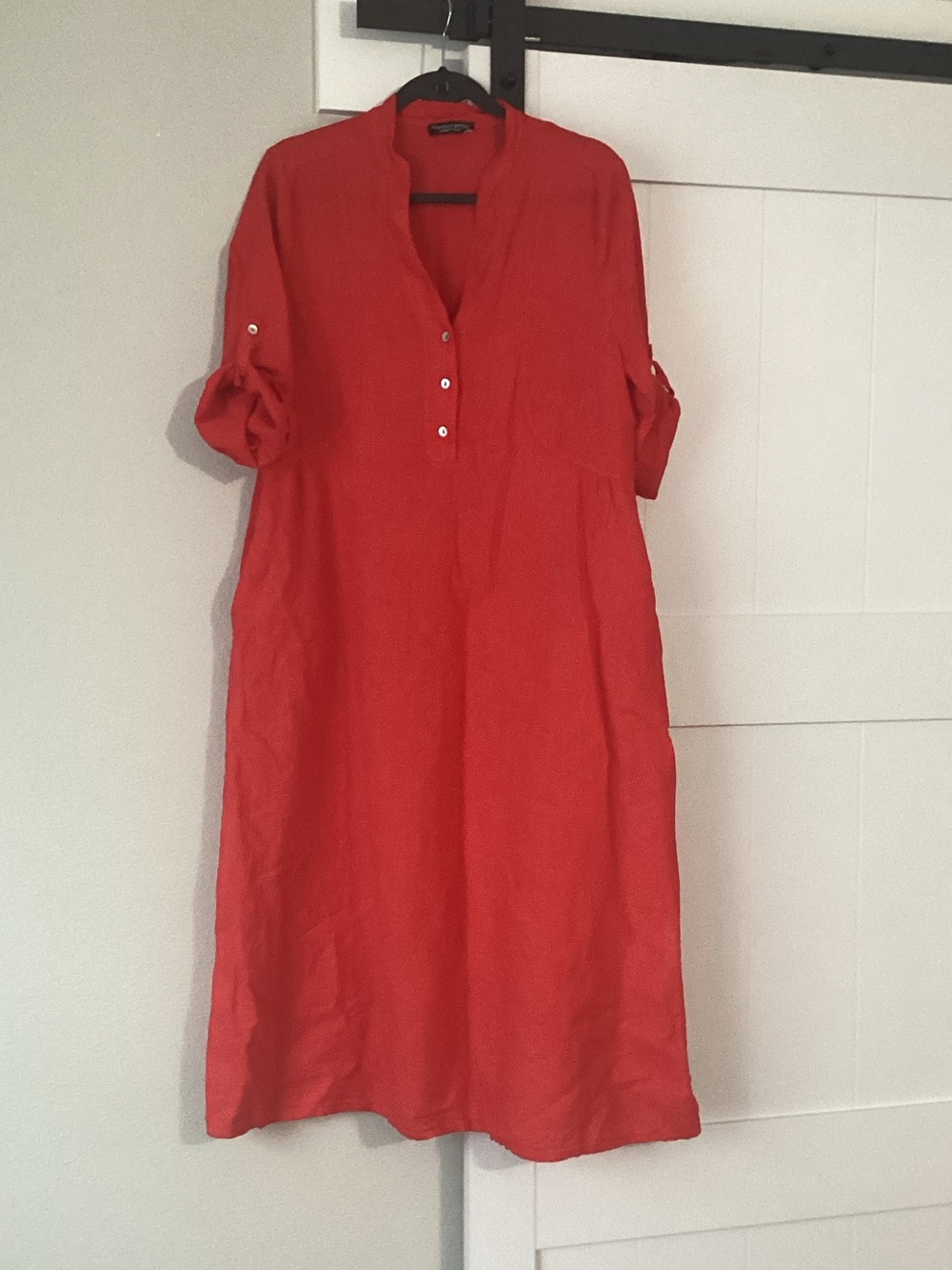 Red Women's Linen Button-Front Tunic Dress size L, 55%linen/45% cotton